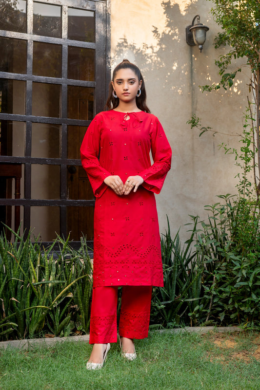 Cherry Red - Schiffli Embroidered Lawn 2PC Dress Mak Fashion