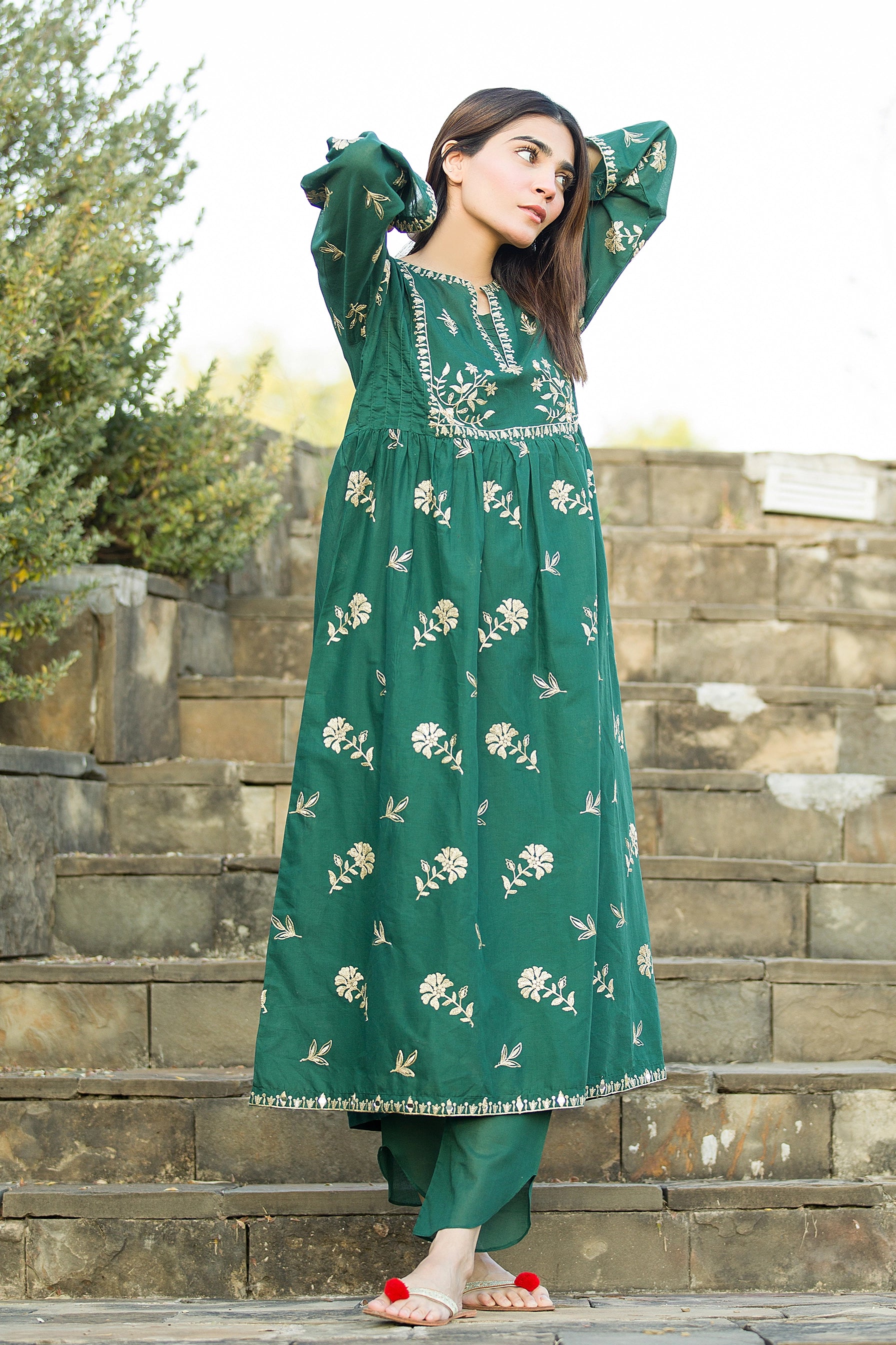 Minah - Green Frock Embroidered Lawn 1 Piece - Frock Only