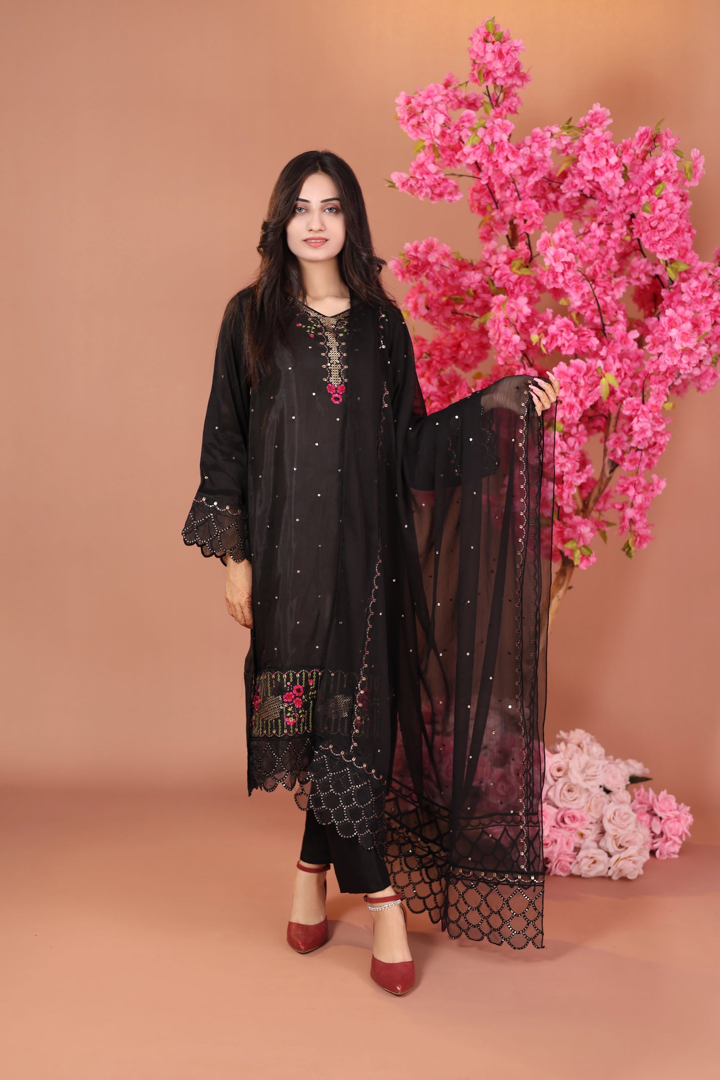 Black Majesty- Raw Silk Formal Stitched Dress