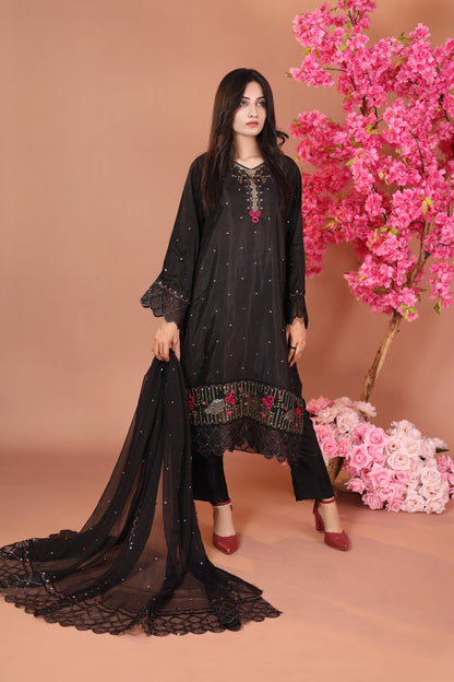 Black Majesty- Raw Silk Formal Stitched Dress