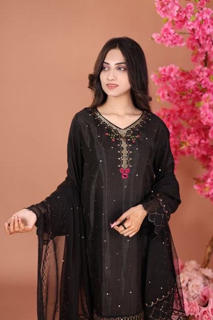 Black Majesty- Raw Silk Formal Stitched Dress