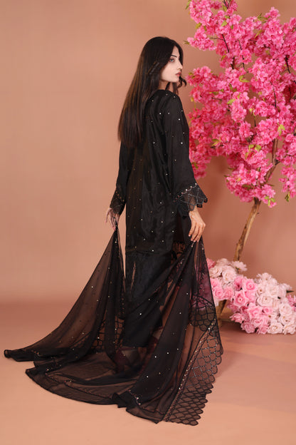 Black Majesty- Raw Silk Formal Stitched Dress