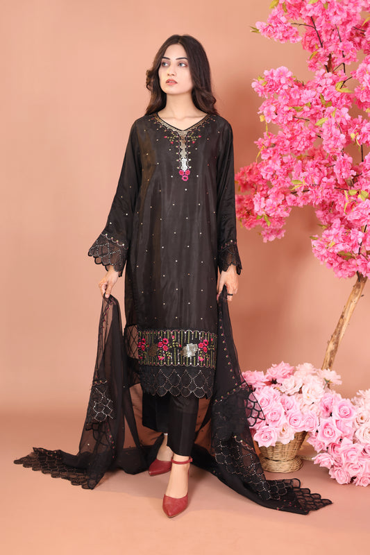 Black Majesty- Raw Silk Formal Stitched Dress