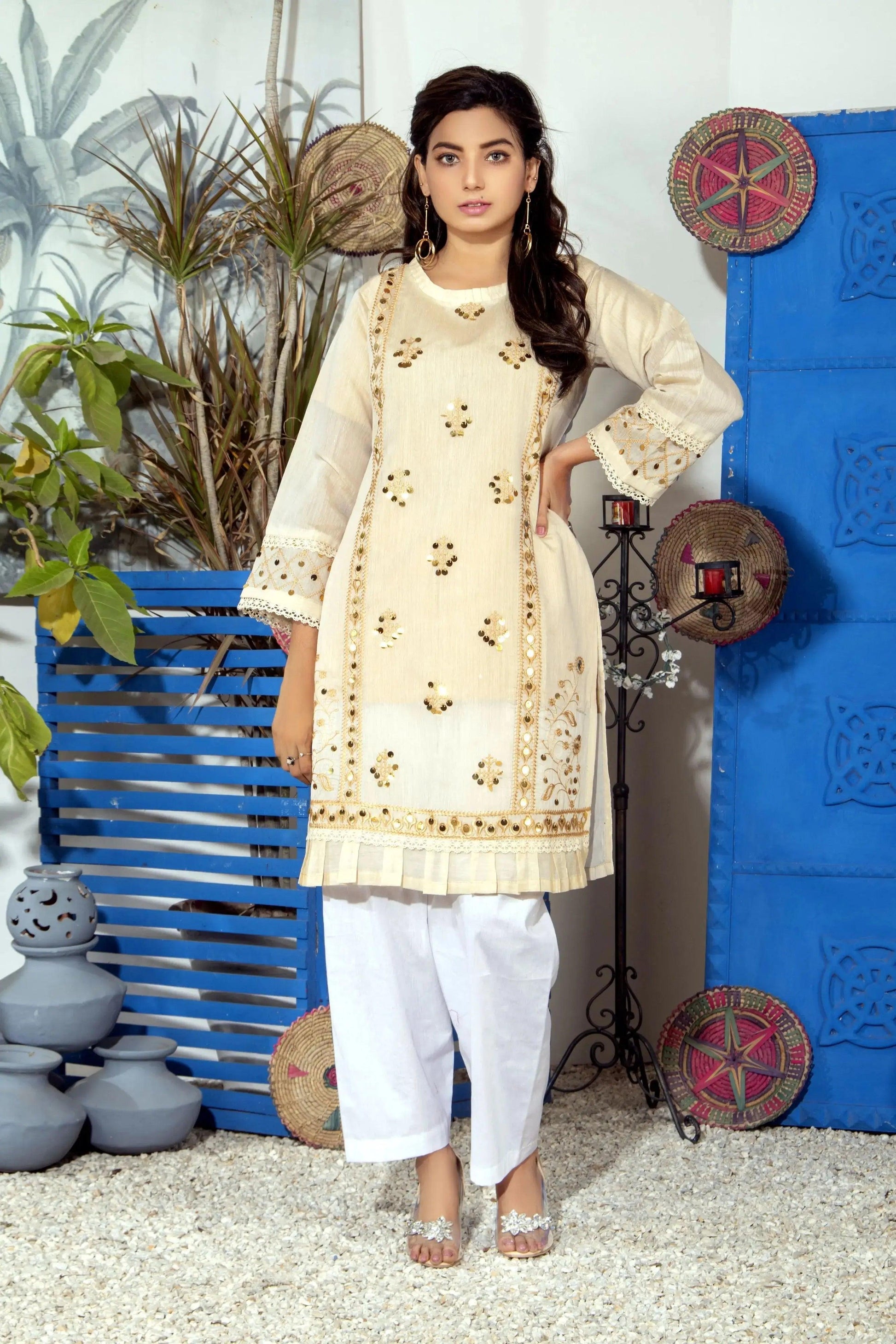 Fashion Embroidered Kurta (Beige) 1 (Pcs) Kurti Mak Fashion 