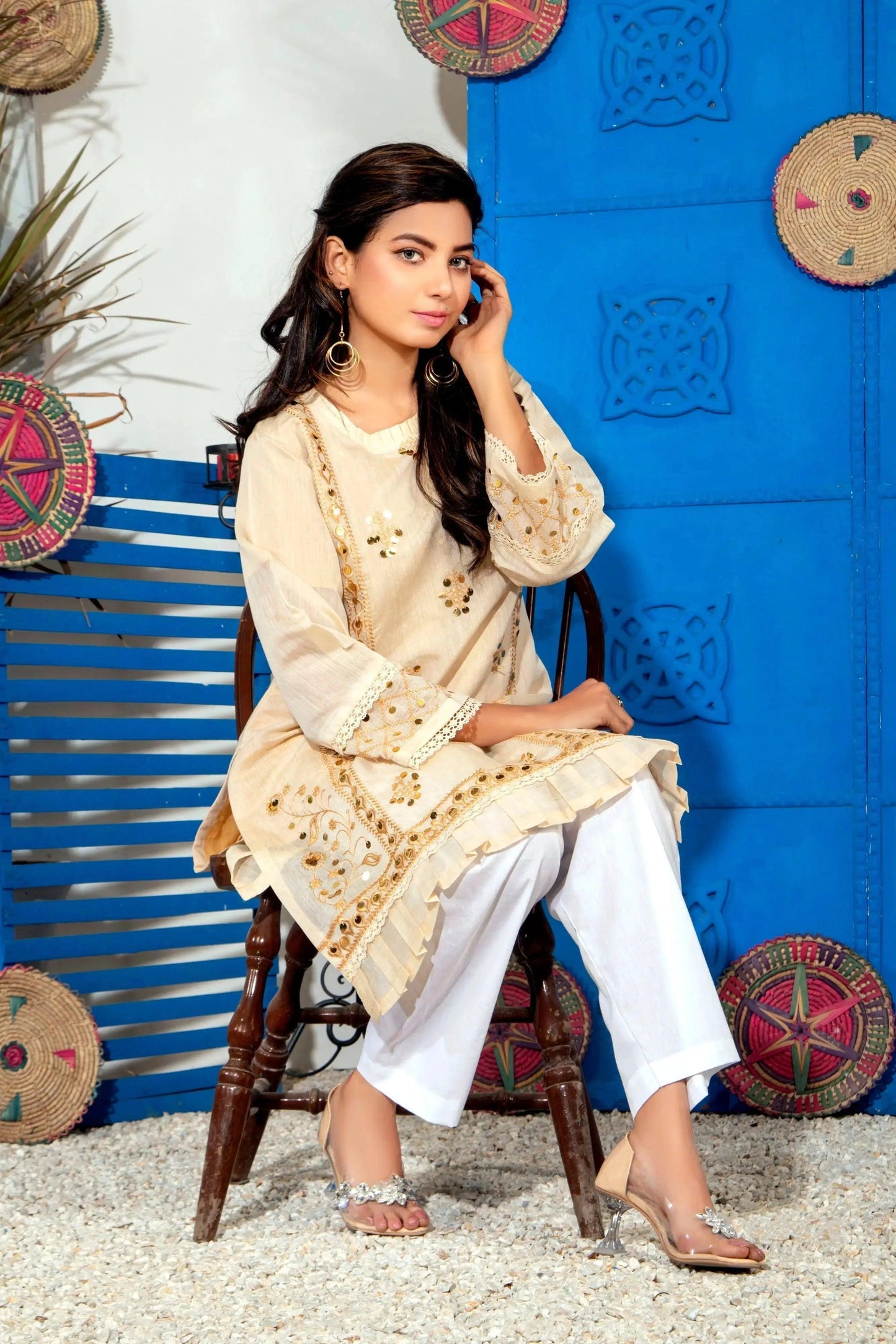 Fashion Embroidered Kurta (Beige) 1 (Pcs) Kurti Mak Fashion 