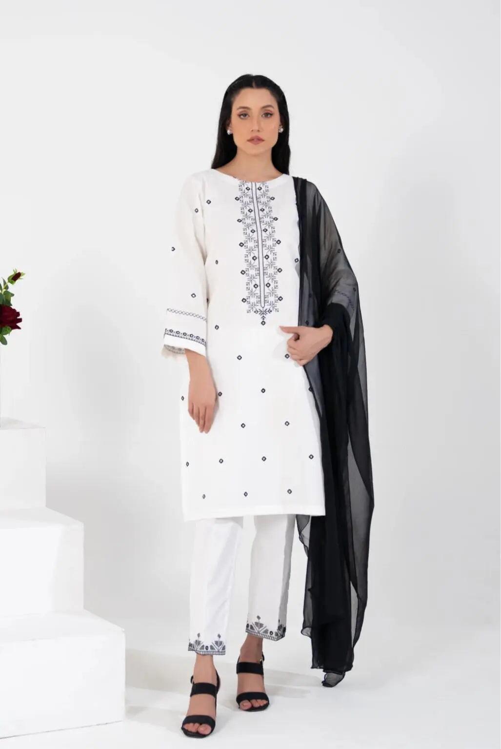 Muntazir - Pearl White Embroidered Lawn 2 ( Pcs ) Ready To Wear Mak Fashion 