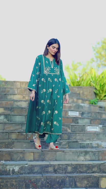 Minah - Green Frock Embroidered Lawn 2 Piece